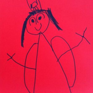 Punaisella pohjalla oleva piirros iloisesta tyttöhahmosta, jolla on eläinhahmo pään päällä