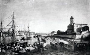 Maalaus Viipurin satamaelämästä 1800-luvulla